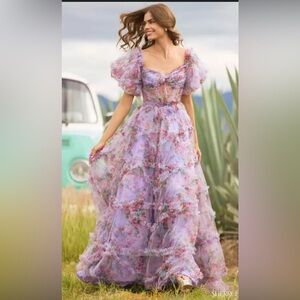 Sherri Hill Lavender Floral Puff-Sleeve Maxi Dress Says Xl Fits Like A 8.